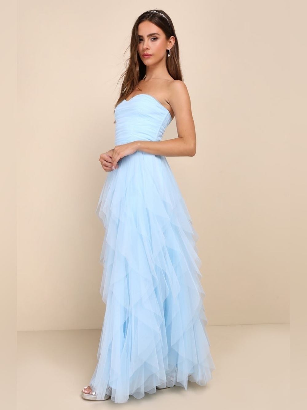 Lulu's Delightfully Beauty Blue Mesh Strapless Ruched Ruffled Maxi Dress. - Picture 3 of 8
